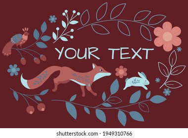 vector frame illustration for text with ethnic fox and rabbit orange and blue palette, autumn time colors