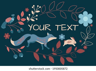 vector frame illustration for text with ethnic fox and rabbit orange and blue palette, blue colors