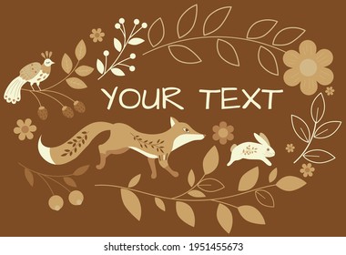 Vektorgrafik für Text mit einer gelben Farbpalette von ethnischen Fuchs und Kaninchen, sonnige goldene Farben