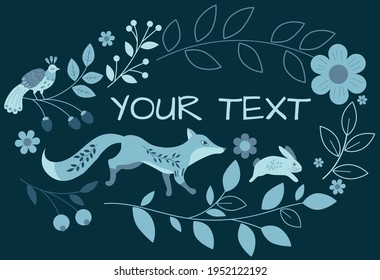 vector frame illustration for text with ethnic fox and rabbit blue palette, cold winter colors