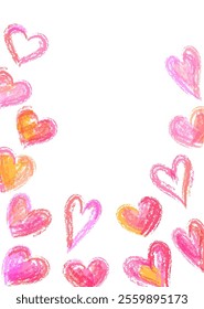 A vector frame illustration of various heart shapes with a crayon-like texture.