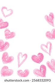 A vector frame illustration of various heart shapes with a crayon-like texture.