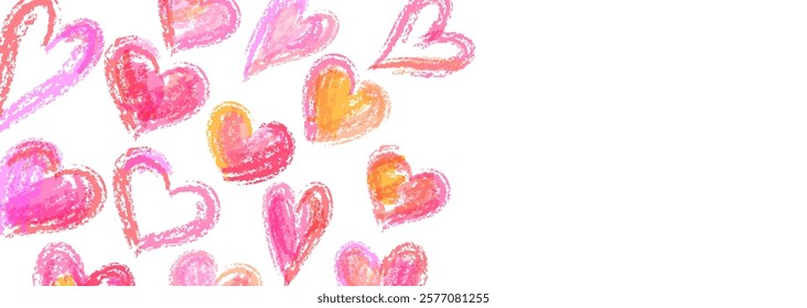 A vector frame illustration of various heart shapes with a crayon-like texture.