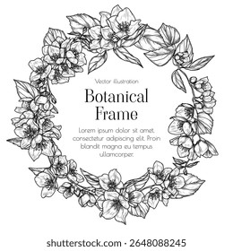 Quadro vetorial com inflorescências de jasmim florescente. Modelo de convite de casamento com flores da primavera. Delicada decoração de ramos floridos em estilo de gravação. Para cartões, banners, embalagem