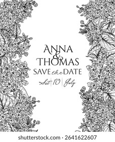Vector frame with inflorescences of blooming lilac. Wedding invitation template with spring flowers. Delicate decoration of flowering branches in engraving style. For cards, banners, packaging