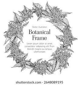 Quadro vetorial com inflorescências de lilás florescente. Modelo de convite de casamento com flores da primavera. Delicada decoração de ramos floridos em estilo de gravação. Para cartões, banners, embalagem