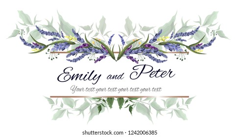 Vector frame for invitation. Green leaves, lavender flowers. All elements are isolated.