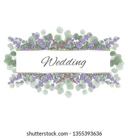 Vector frame for invitation. Green leaves, lavender flowers. All elements are isolated.