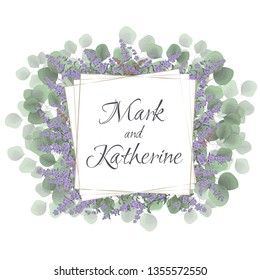 Vector frame for invitation. Green leaves, lavender flowers. All elements are isolated. 