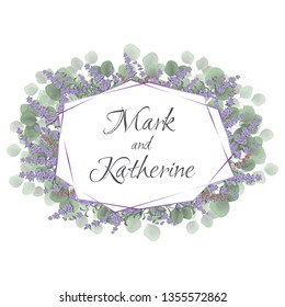 Vector frame for invitation. Green leaves, lavender flowers. All elements are isolated. 
