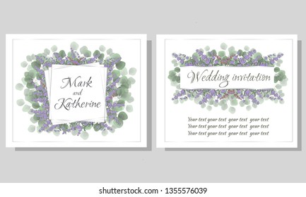 Vector frame for invitation. Green leaves, lavender flowers. All elements are isolated. A wedding invitation card.