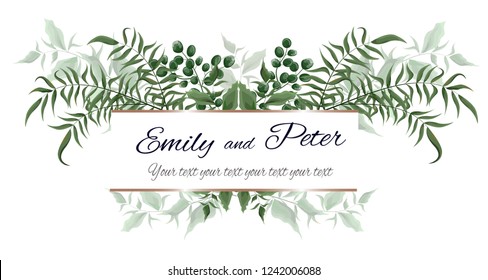 Vector frame for invitation. Template of green leaves, berries and twigs. All elements are isolated.