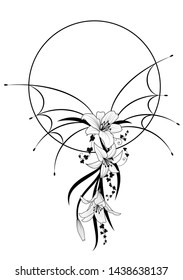 Vector frame with ivy and flowers of lily in black and white colors