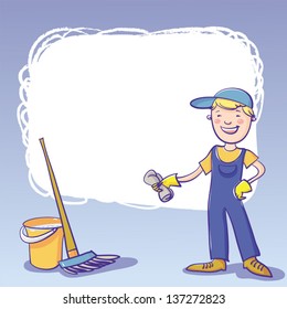 Vector Frame With Janitor, Bucket And Mop.