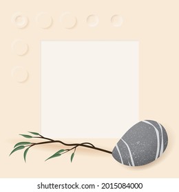 Vector frame in Japanese minimalism style with pebbles and willow branch