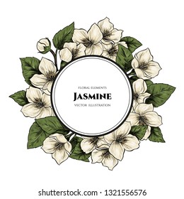 Vector frame with jasmine flowers. Hand drawn. Vintage style