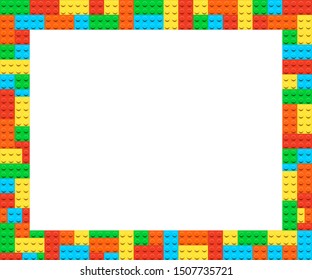 Vector frame from kids construction/building blocks. For kids party, birthday. Background with toys. Suitable for greetings card, holidays. White background. Rainbow colors.