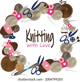 Vector frame of knitting elements - threads, yarn, scissors, buttons in coffee brown colors