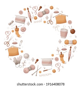 Vector frame with knitting tools and wool yarn in cartoon style. Printed material for design brochures, flyers, banners, cards and posters.