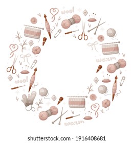 Vector frame with knitting tools and wool yarn in cartoon style. Printed material for design brochures, flyers, banners, cards and posters.