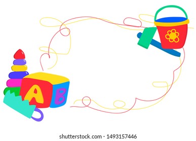 vector frame for labels or invintation, lettering. Bucket, saw, cube, hammer and pyramid are at the edges of the frame. Funny children's frame, invitation.  Isolated on white background.