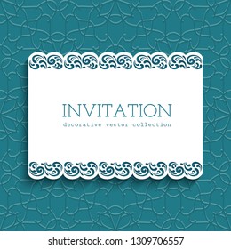 Marco de Vector con adorno de borde de encaje. Elegante tarjeta de visita o diseño de invitación de boda con lugar para texto. Papel de recorte de decoración remolinada. Plantilla para el corte por láser