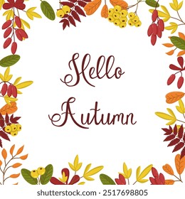 Vector frame of leaves and berries of barberry and pyracantha. Botanical illustration for greeting card and banner. Autumn background with text. Multicolored leaves with berries