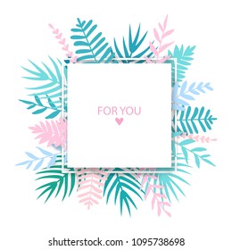 Vector frame with leaves. Summer illustration. Paper cut style. Elegant Design for wedding invitations, cards, poster, banner, greeting card.