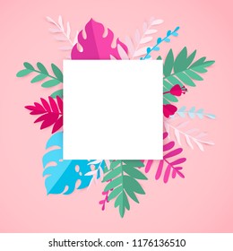 Vector frame with leaves. Summer illustration. Paper cut style. Origami background for banner, flyer, invitation, poster, web site . Digital craft. Colorful illustration. Place for your text.