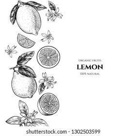 Vector frame with lemons and flowers. Hand drawn. Vintage style