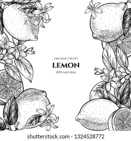 Vector frame with lemons and flowers. Hand drawn. Vintage style