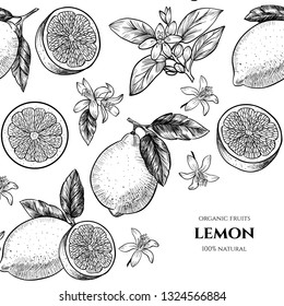 Vector frame with lemons and flowers. Hand drawn. Vintage style