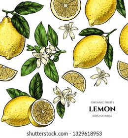 Vector Frame With Lemons And Flowers. Hand Drawn. Vintage Style