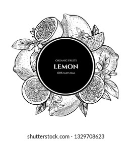 Vector frame with lemons and flowers. Hand drawn. Vintage style