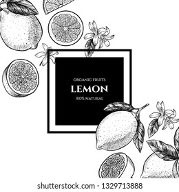 Vector frame with lemons and flowers. Hand drawn. Vintage style