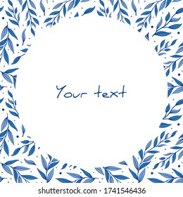 Vector frame with light blue leaves; for greeting cards, invitations, posters, banners, packaging, web design.