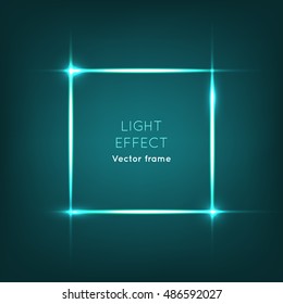 Vector frame. Light effect on dark blue background. Sparkle panel with glowing stars in corners, light flashes, shiny glitter. Spotlight. Illuminated business banner for logo, advertisement, billboard