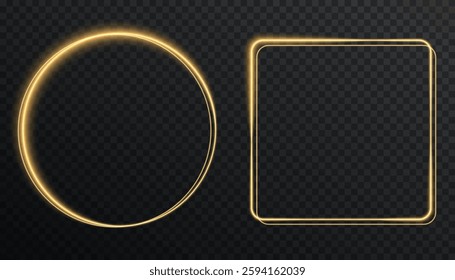Vector frame with lights effects. Shining rectangle banner. Isolated on black transparent background. Golden glowing ring with a sparkling twirl effect, isolated on a black background