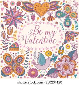 Vector frame and "love  you" lettering. The word "love".Romantic background. Vector Valentine's Day doodles. Romantic hand drawn elements.