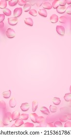 Vector frame with lying rose petals, copy space. Vertical editable template with place for text. Flower illustration of realistic sakura petal with shadow for stories, social media banner, background