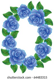 vector frame made of blue roses with leaves