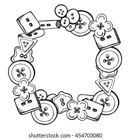 Vector Frame made from buttons. Linear hand-drawing. Decorative border for crafters, sewers and ateliers,