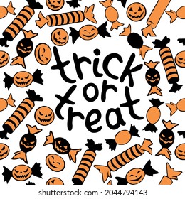 Vector frame made of candy in different wrappers in Halloween style with lettering-Trick or treat. Festive border, title, decoration in flat style