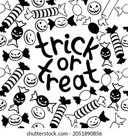 Vector frame made of candy in different wrappers in Halloween style with lettering-Trick or treat. Festive border, title, decoration in flat style