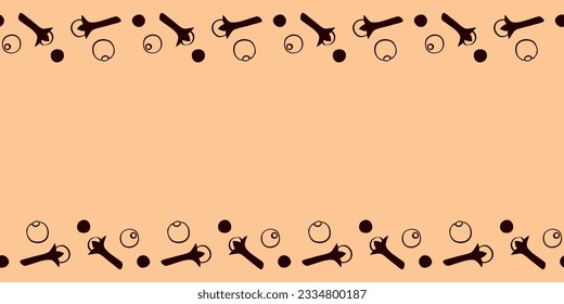 Vector frame made of carnation, pepper in doodle flat style . Horizontal top and bottom edging, border of spice, seasonings. Template for menu, recipes