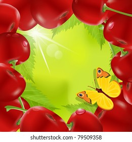 vector frame made of cherry with a butterfly on a green background