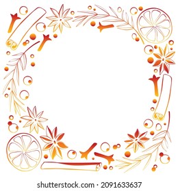 Vector frame made of Christmas winter outline spices in doodle style. Xmas background, border, decor with seasonings. For template of menu, recipe hot mulled wine, cookies