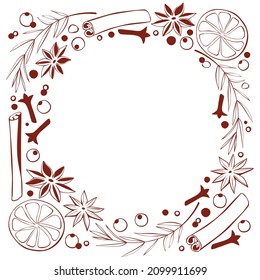 Vector frame made of Christmas winter outline spices in doodle style. Xmas background, border, decor with seasonings. For template of menu, recipe hot mulled wine, cookies