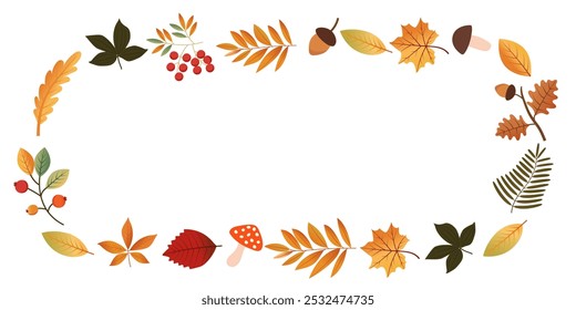 A vector frame made of elements of the autumn forest. Autumn leaves, mushrooms, acorns. Autumn festival. It can be used in web design, social media, printing, greeting cards.
