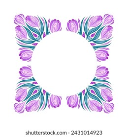 Vector frame made of geometric illustration of crocuses and copy space. Decorative border of spring flowers and place for text. Round template of floral symmetrical bouquet for invitation and card